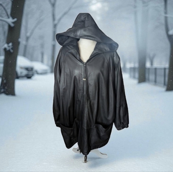 Venezia Jackets & Blazers - Leather Coat Vtg Venezia long black hooded leather zip front jacket  coat sz 26